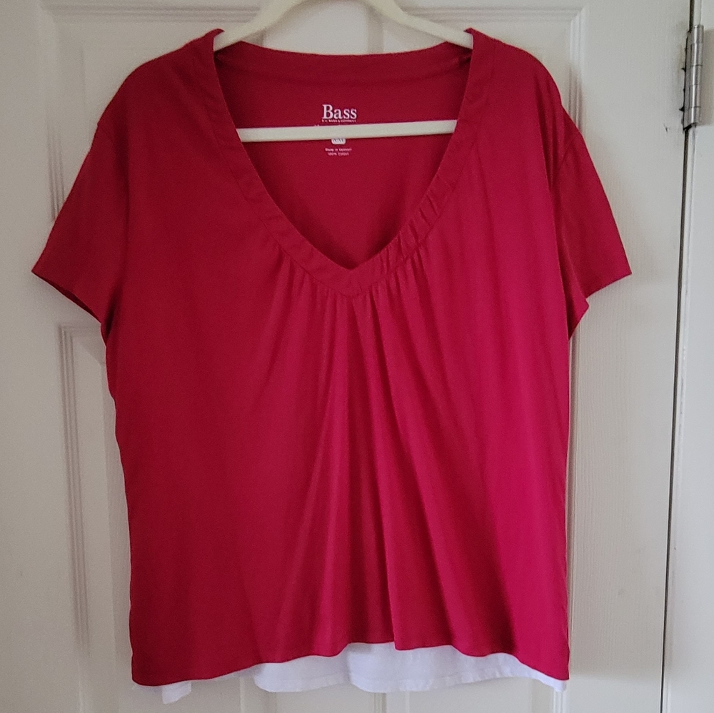 Vintage Bass XXL V-Neck Pink Short Sleeve Shirt w/White Layering @ Hemline